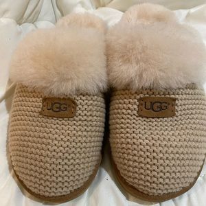 UGG Knit Pom Slippers in Light Pink and Tan